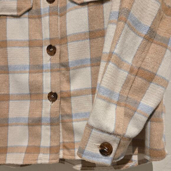 Avec Les Filles Neutral Plaid Shacket Oversized Shirt Jacket Button Front, Large - Picture 6 of 8
